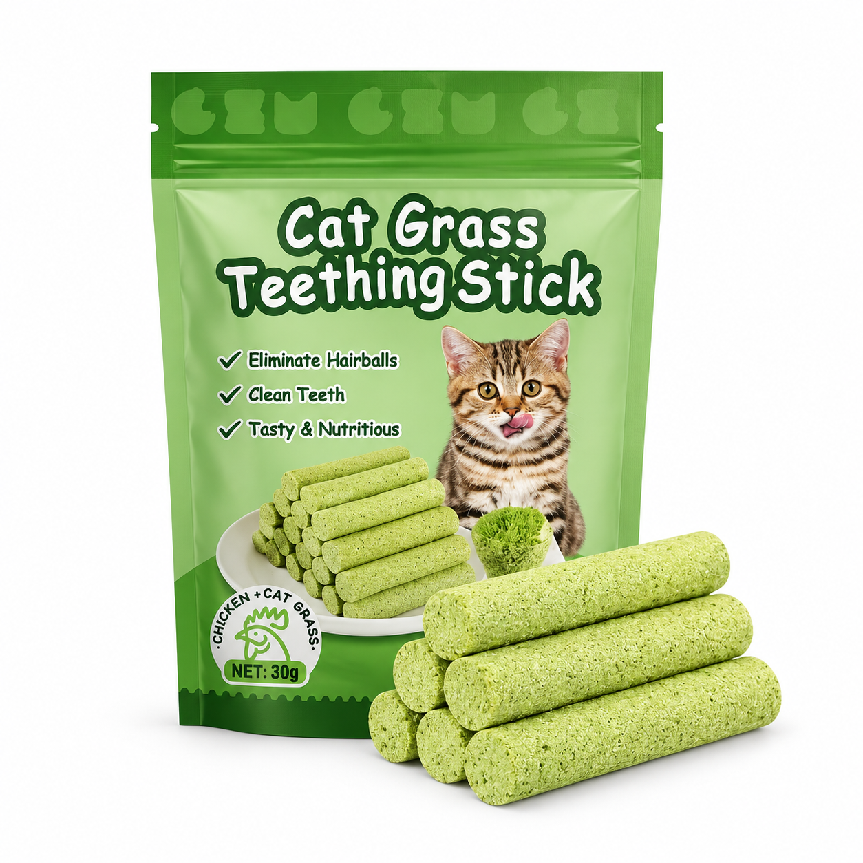 Cat Grass Teething Stick Set with Chicken Flavor (6pcs) - 30gm